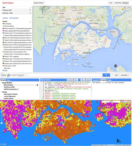 Figure 3. (a) Google Earth Engine Explorer (https://earthengine.google.com/) that is an efficient data visualizer (b) Google Earth Engine Playground (https://code.earthengine.google.com/), which is the JavaScript API for carrying out raster, vector and array operations (Google Earth Engine, Citation2012).