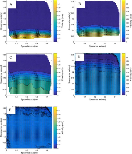 Figure 12. Velocity vector field for a five different time periods, namely (A) 0.29 s, (B) 0.49 s, (C) 0.99 s, (D) 1.96 s and (E) 3.56 s.