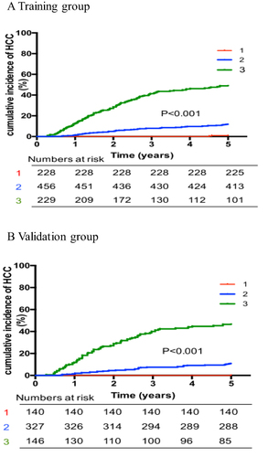 Figure 3 The Kaplan-Meier incidence of HCC in training cohort (A), and validation cohort (B). ANNs model. According to the ANN model, the patient training and validation sets are divided into three risk layers as follows: low (Stratum1), medium (Stratum2), and high (Stratum3).