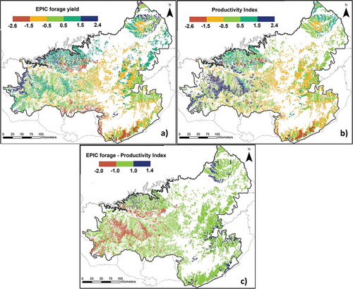Figure 3. Maps of standardized values of (a) EPIC grassland production averaged over 15 years, (b) CONEAT productivity index (PI) and (c) the difference between EPIC and the CONEAT PI