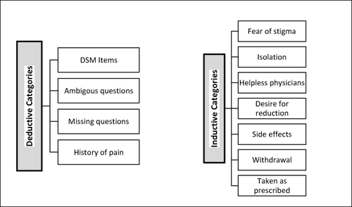 Figure 6 Overview of all deductive-inductive categories; The code of the “DSM Items” were chosen for all nine items and had four subcategories as shown in Figure 1.