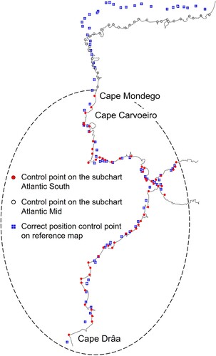 Figure 2. Boundary between the Atlantic South (inside the dashed ellipse) and the Atlantic Mid sub-charts on Dulceti’s chart, of which the coastline tracing is shown.