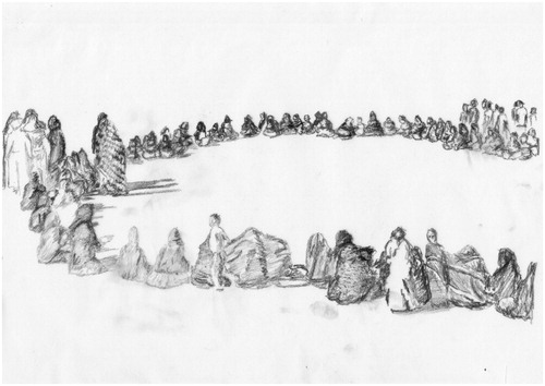 Figure 1 Photograph redrawn by the author from the Archives of the Ministry of Information of the SADR. Morning meeting in the refugee camps (probably Rabuni) in 1976. Source: Manfred O Hinz, “3WM Interview mit Gunther Hiliger,” Terre des Hommes (1977): VIII. © Drawing by author.