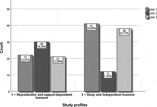 Figure 2. The division of study profile groups in the three teacher education units.