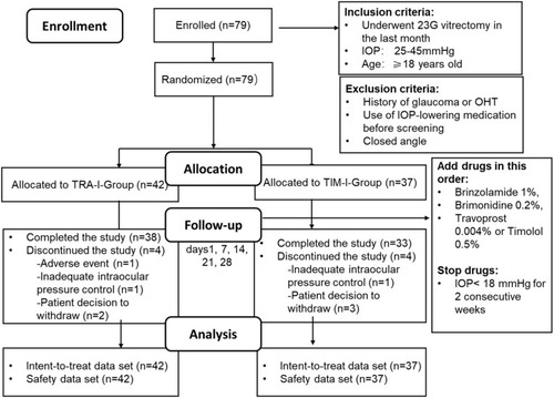 Figure 1 Flow-chart of the study. Patients with early-onset ocular hypertension secondary to vitrectomy receiving travoprost 0.004% or timolol 0.5% as the initial IOP-lowering medication were compared.