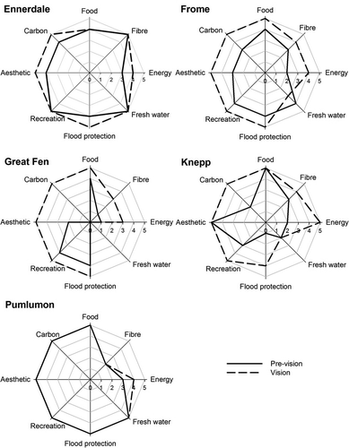 Figure 3. Importance of ecosystem services. The relative importance of ecosystem services within case study areas as estimated by site representatives both for before the implementation of landscape-scale management (pre-vision) and for the year 2060 as the projected result of implementation (vision). Importance is on a six-point scale from 0 (zero) to 5 (very high).