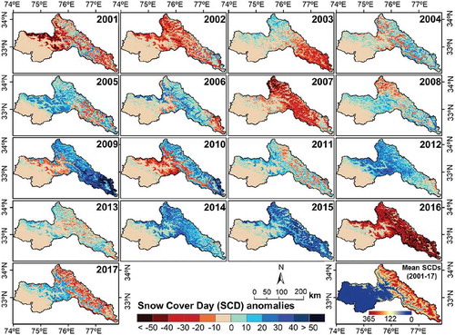 Figure 11. Spatial distribution of SCD anomalies (deviation from the mean of the 2001–2017 period) per year from 2001 to 2017