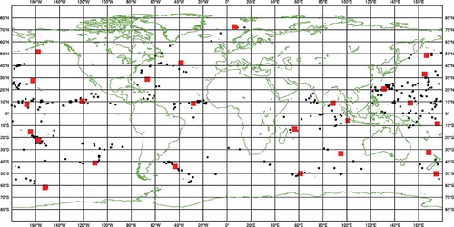 Fig. 1. Set of 613 profiles over oceans taken from an ECMWF 48 h forecast starting on 10 July 2006 small (black squares). The large red squares indicate the location of the 25 selected profiles.