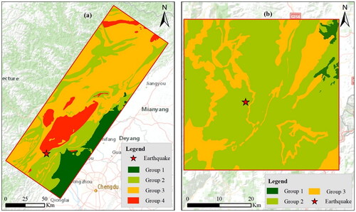 Figure 4. Maps of lithological groups of rock mass strength in (a) Wenchuan and (b) Ludian earthquakes.