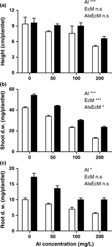 Figure 2.  Shoot height, shoot and root biomass of mycorrhizal and non-mycorrhizal P. deltoides plants grown under different aluminum concentrations. Mean of six replicates±SEM. (Al: significant between Al concentration, EcM: significant between mycorrhizal and non-mycorrhizal plants; Al×EcM: interaction, *p<0.05, **p<0.01, ***p<0.001; n.s, not significant. Empty bars: non-mycorrhizal; filled bars: mycorrhizal plants).