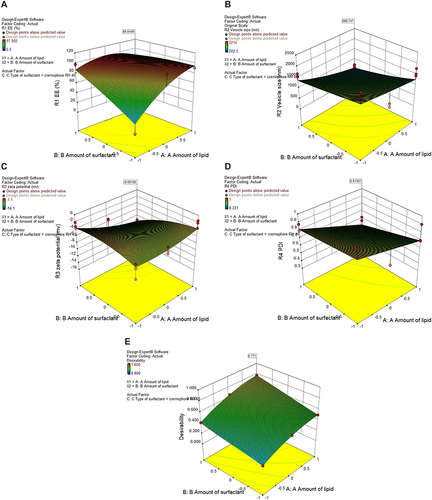 Figure 4 Three-dimensional response surface plots, representing the effect of lipid amount (A) and surfactant amount (B) on (A) entrapment efficiency (EE%), (B) vesicle size, (C) zeta potential, (D), polydispersity index (PDI) and (E) desirability of the prepared transferosomes formulations.