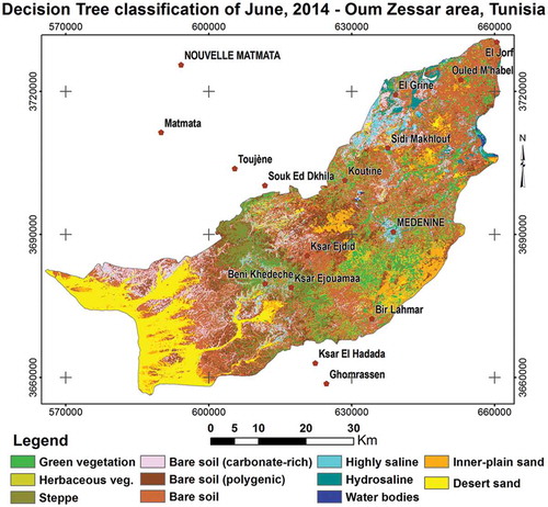 Figure 8. Decision Tree classification applied to June 2014 images, Jeffara-Medenine-Dahar area. Map projection: UTM – WGS 1984, Zone 32N, EPSG 32632.