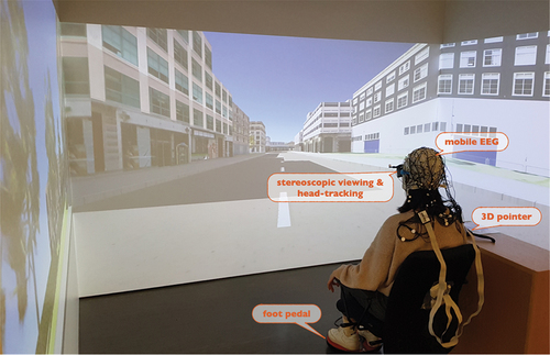 Figure 2. The three-sided CAVE set-up: a test participant is performing a navigation and wayfinding task in a virtual urban environment. Movement through the environment in VR is provided with a foot pedal, and other interaction is handled with a 3D pointing device. Cognitive load of a participant is measured in real-time with mEEG during the navigation experiment [image source: Alex Sofios].