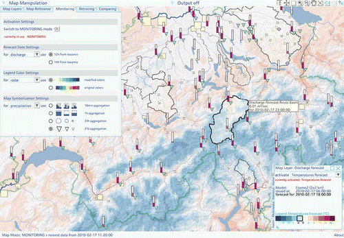 Fig. 5 Map example showing real-time monitoring of streamflow, lake levels, 20-day precipitation sums, snow depths, air pressure, forecast runoff and forecast temperature distribution.