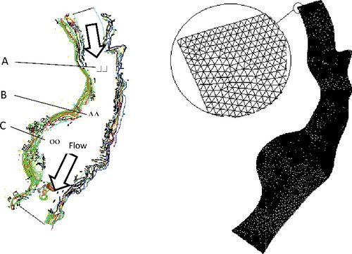 Figure 1. Map of the Mian River reach and computation domain. Study area was used to generate the topographic mesh for hydraulic modeling, sediment transport, habitat calculation and restoration evaluation (A, B and C are monitoring locations).