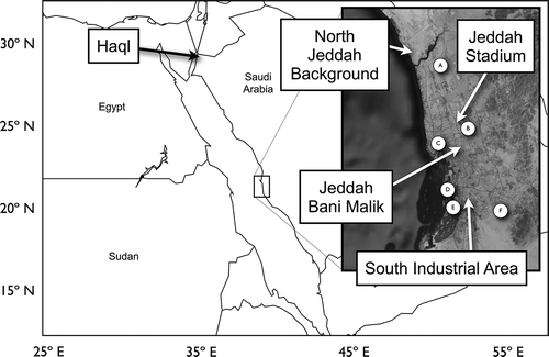 Figure 1. Sampling station locations, with notable local emission sources indicated by letter-coded points (Khodeir et al., Citation2012). Sources include King Abdulaziz International Airport (A), a water treatment plant (B), a desalination plant (C), Jeddah Seaport (D), an oil refinery (E), and a power plant (F).