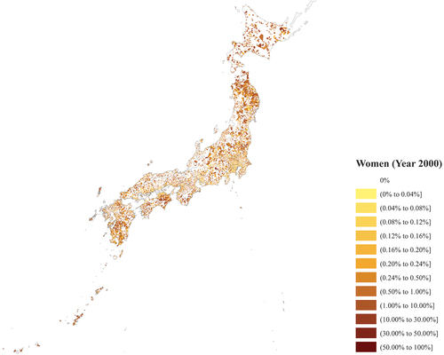 Figure 5. Geographical distribution of the ratio of women over 15 years old who did not graduate elementary school per capita (Year 2000).