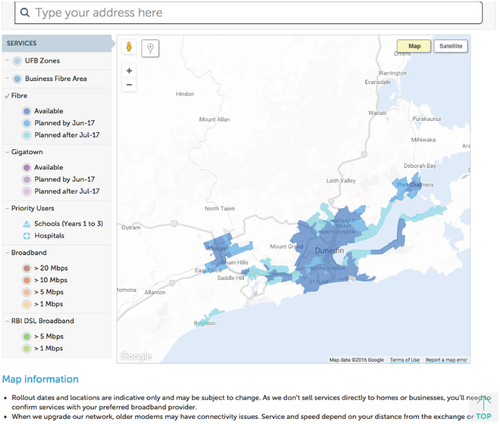Figure 2. Screenshot from chorus (https://www.chorus.co.nz/tools-support/broadband-tools/broadband-map) (29/11/16) indicating planned rollout of fibre in Dunedin.