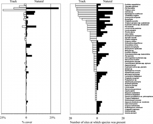 FIGURE 2.  Mean percentage overlapping cover of individual species and the number of sites (out of 22) where the species were recorded on the closed track (empty bars) and in natural vegetation (filled bars). Data from twenty-two 1 m2 paired quadrats sampled along a closed track and in adjacent natural vegetation in the Kosciuszko alpine zone. * denotes alien species