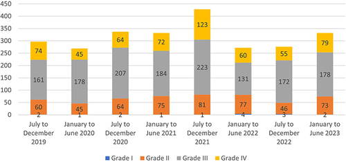 Figure 2 Number of reported adverse events by severity level over the past five years.