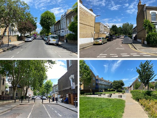 Figure 2. Examples of the street spaces outside of the children's homes (clockwise from top left: Sophia's street; Rowan and Leo's street; Rebecca's street and modal filter; public space at end of Henry's street).