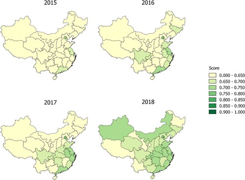 Figure 3. Integrated sustainable development (ISD) index in China’s provinces, 2015–18.Source: Authors’ elaboration based on ISD data, represented with geographical information system (GIS) software.