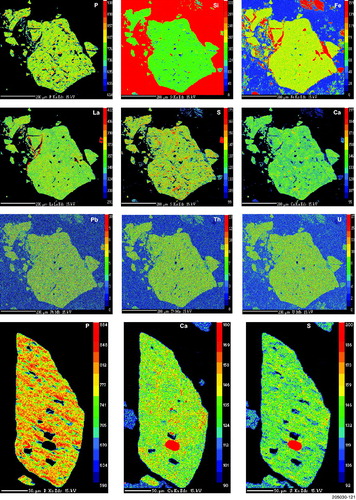 Figure 7. Electron probe micro-analysis chemical maps of two representative monazites from the Mount Gee Sinter, sample R206343B. Count scale range from blue (low) to red (high). Note the first monazite is also shown in Figure 8b, with LA-ICPMS U–Pb analytical sites indicated.