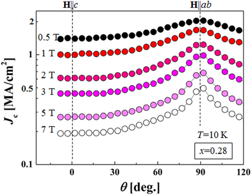 Figure 79. Angular dependences of in-field Jc at 10 K in fields of 0.5–7 T for the Ba-122:P film with x = 0.28. Reprinted with permission from [Citation407]. Copyright 2013 by the Japan Society of Applied Physics.