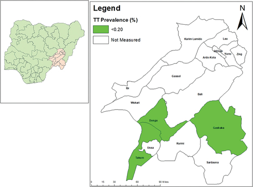 Figure 2. Prevalence of trachomatous trichiasis (TT) unknown to the health system in ≥15-year-olds, by Local Government Area, Taraba State, Nigeria, November 2019 (Gashaka and Ussa) and December 2020 (Donga). The boundaries and names shown and the designations used on this map do not imply the expression of any opinion whatsoever on the part of the authors, or the institutions with which they are affiliated, concerning the legal status of any country, territory, city or area or of its authorities, or concerning the delimitation of its frontiers or boundaries.
