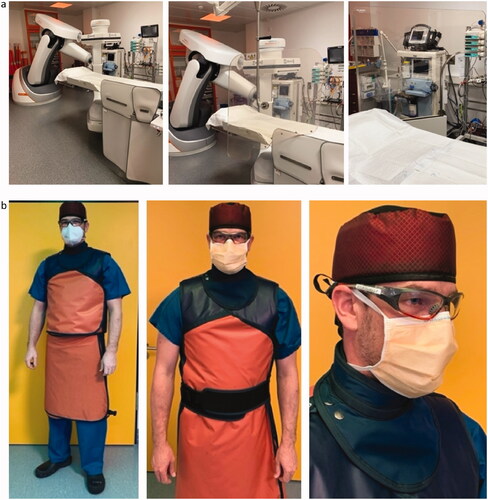 Figure 1. (a) Modern angiographic suite with ceiling-mounted transparent acryl-glass lead shielding, protection barrier, over-/under-table lead shielding. System with roboter mounted C-arm and modern flat panel detector. (b) Minimal personal protection equipment for angiographic interventions; Glasses (0.75 mm Pb), thyroid-gland protection, vest and skirt/apron, cap (all 0.50 mm Pb); recommended additional protection for humerus and lateral chest not shown.