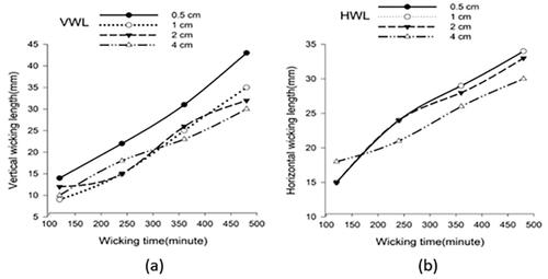 Figure 8. The untreated fabric layers wicking tests: (a) Vertical and (b) horizontal.