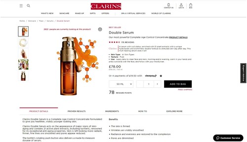 Figure 2. Screenshot of the Clarins Double Serum (https://www.clarins.co.uk/double-serum/80025863.html).