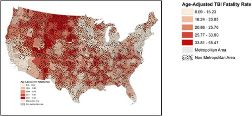 Figure 2. Rural vs. urban traumatic brain injury (TBI) fatality rates. Dark red areas indicate higher age-adjusted fatality rates from TBI. Black-lined areas indicate rural regions. Source: Brown et al. (Citation3). Used with permission.