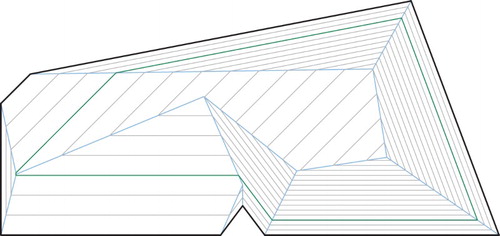 Figure 3. The weighted straight skeleton (blue) of a polygon (black) with a family of offset curves (gray, green).