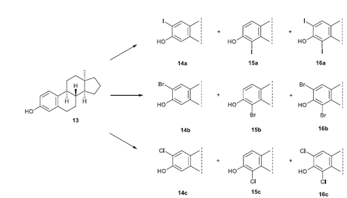 Scheme 3. Introduction of different halogens onto the aromatic ring of 17-deoxy-13α-estrone