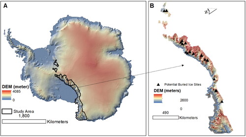 Figure 6. Locations of the detected buried ice sites: (A) Locations of the Transarctic Mountains, (B) Locations of detected potential buried ice sites using the methods demonstrated in Figure 6 and 7 are shown in black triangles within the Transarctic Mountains.