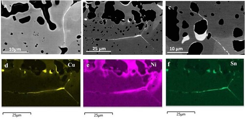 Figure 11. BSE-SEM image showing the enrichments of residual elements at the grain boundaries in (a) Steel 3, (b) Steel 4 and (c) Steel 5. EDS maps of (d) Cu, (e) Ni and (f) Sn corresponding to (b).