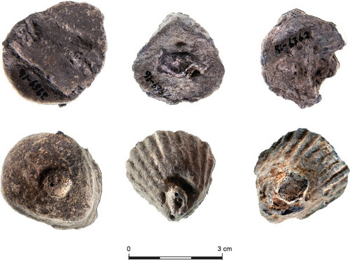 Fig. 3: Top (from left to right): attached strip of lead on bottoms of lead weights of Nos. 3, 4 and 5; bottom (from left to right): details of lead weight knob handles of Nos. 3, 4 and 7