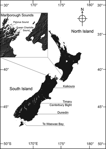 Figure 2  Map of New Zealand showing South Island study sites.