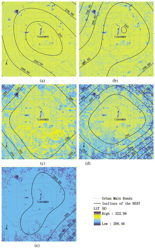 Figure 6. Distribution of Land Surface Temperature (LST) and isolines of Near Surface Air Temperature (NSAT) within the Beijing built-up area in the five situations. (a) Bare City; (b) Unhealthy Vegetation City; (c) Current City; (d) Pre-Developed City; (e) Green City.