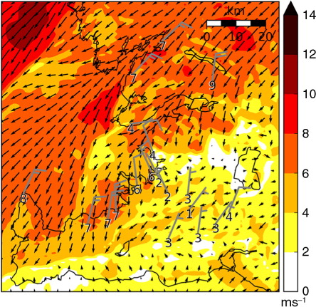 Fig. 7 Simulated 10-m wind speed [ms−1] and wind vectors at a horizontal resolution of 1 km (NO), as well as observed 10-m winds at automatic weather stations (numbers and barbs, 2.5 ms−1 each half barb), at 1200 UTC on 15 July 2009.