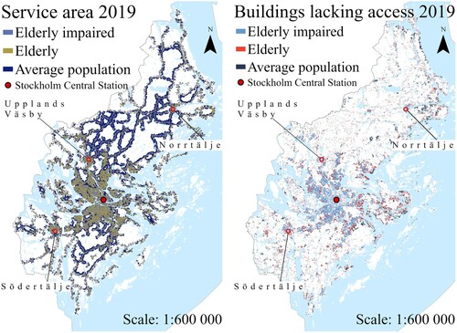 Figure 4. Service areas with access to public transport (left) and buildings lacking access to public transport (right) in the 2019 scenario shown on top of each other in each population group