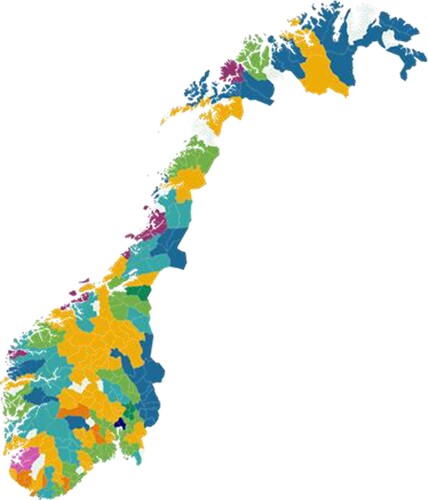 Figure D1. Distribution of the Norwegian economic regions in the nine identified clusters. Legend: Each colour identifies a given cluster. Map created with Flourish (https://flourish.studio/).