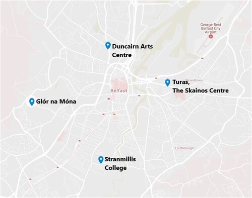 Figure 2. Location of Irish language classes in Belfast that participated in the study.