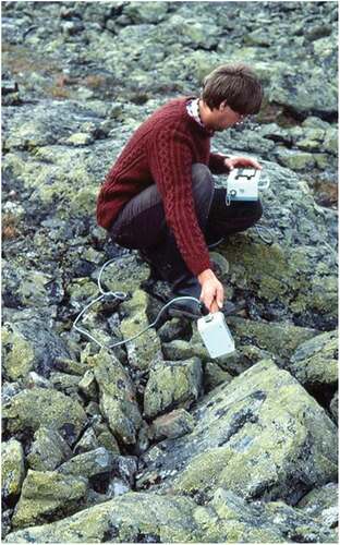 Figure 2. Ted using a MMR to measure lichen reflectance in Finland, 1984