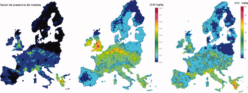 Figura adicional 2. Mapas de niveles de elementos traza en la capa arable de suelo. Adaptado de la base de datos geoquímica FOREGS (Lado, Hengl, & Reuter, 2008). Izquierda: índice agregado de concentración de elementos traza de origen antropogénico; centro: concentración de Cd; derecha: concentración de Cu. Supplementary Figure 2. Maps of levels of trace elements in topsoil. Adapted from the FOREGS geochemical database (Lado, Henglan, & Reuter, Citation2008). Left: aggregate index of concentration of trace elements of anthropogenic origin; center: Cd concentration; right: concentration of Cu.