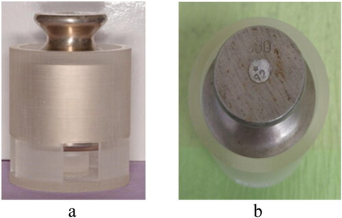 Figure 5. Side view (a) and top view (b) of experimental setup with 500 g standard weight.