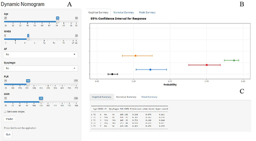 Figure 3 Web-based dynamic nomogram used for predicting SAP in patients with AIS. Input participants age, NIHSS score, comorbid AF, dysphagia, PLR, and GNRI at https://moonlittledoctor.shinyapps.io/ANADPG/, user can get the corresponding probability of SAP. (A) Input page: Enter the patient’s information according to the relevant variables on this page. (B) Graphical summary: This page shows the probability of SAP and its 95% confidence interval in AIS patients. (C) Numerical summary: Display the specific values of the patient’s indicators and predicted outcomes.