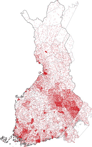 Figure 2. Birthplaces of all FINRISK 1992, 1997, 2002, and Health 2000 participants. The dots are randomly located within the municipality of birth of the participants.