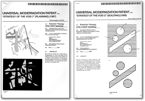 Figure 3. SotV I (left) and SotV II (right) patents that are published in Content. Source: Koolhaas, McGetrick and OMA-AMO, Citation2004, 74 & 77, respectively.